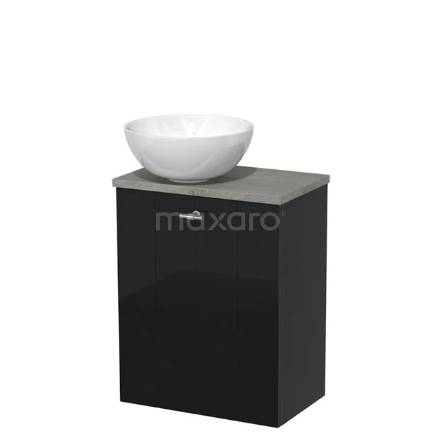 Black bathroom cabinet with concrete grey worktop and white countertop wash basin, modern design, ideal for bathroom storage and stylish sanitary use.