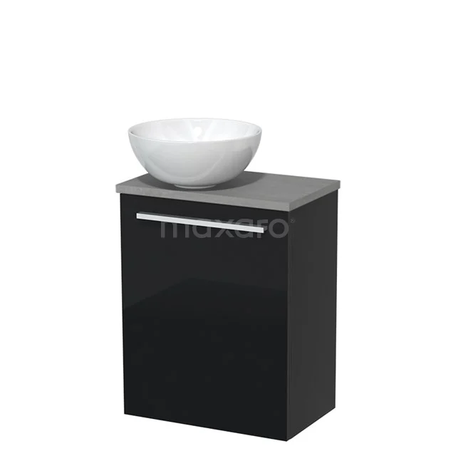 Black bathroom cabinet with glossy finish, grey top and white top washbasin; modern design, ideal for compact bathrooms.