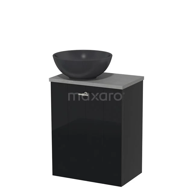Toiletmeubel met waskom | 41 cm Hoogglans zwart Lamel front Mat zwart Quartz waskom Lichtgrijs beton blad TMK10-06189