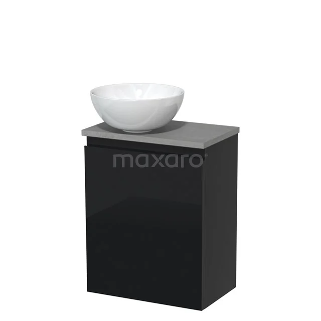 Toilet unit with countertop wash basin | 41 cm High-gloss black Handleless front High-gloss white Ceramic wash basin Light grey concrete worktop TMK10-06190 Black bathroom unit with glossy finish, round white vanity units with basin and grey top, ideal for modern bathrooms.