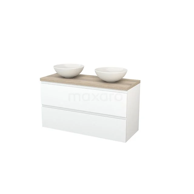 Modulo+ Plato Vanity units for countertop basin | 120 cm Matte white Handle-less front Oak worktop 2 Stacked drawers BMK002035 White floating bathroom unit with wooden worktop and two round ceramic countertop wash basins, modern design for a stylish bathroom.
