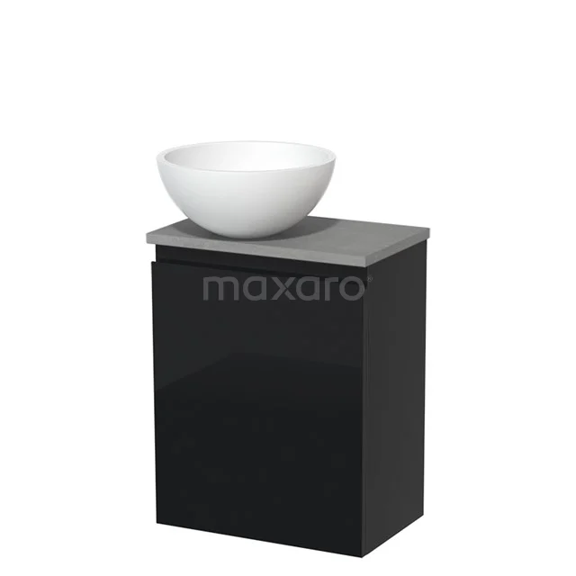 Black vanity unit with grey top and white countertop wash basin, ideal as a stylish addition to modern bathrooms.