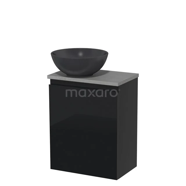 Toiletmeubel met waskom | 41 cm Hoogglans zwart Greeploos front Mat zwart Quartz waskom Lichtgrijs beton blad TMK10-06199