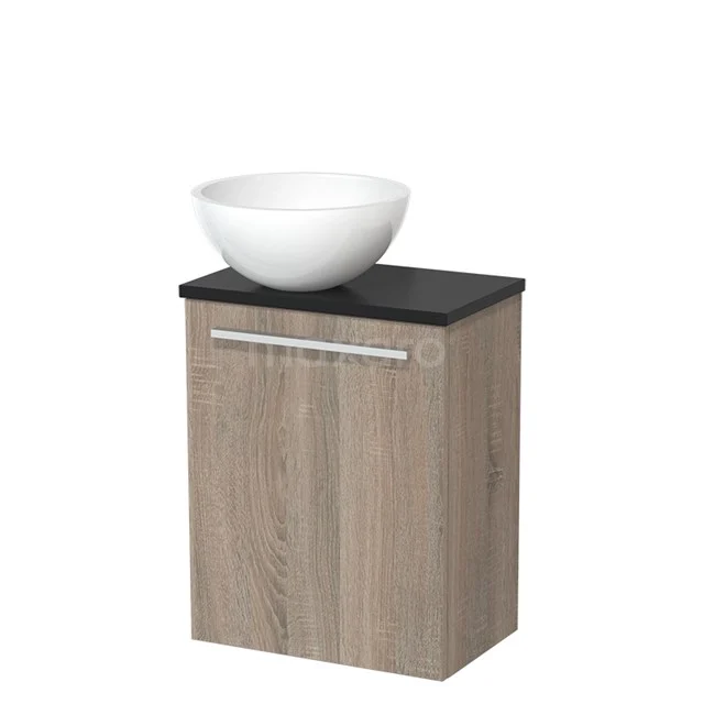 WC-Möbel mit Aufsatzwaschbecken | 41 cm Eiche Glatte Front Hochglanz Weiß Mineralguss Aufsatzwaschbecken Matt Schwarz Platte TMK10-04753 Holz-Badschrank mit schwarzer Oberseite und weißem Aufsatzwaschbecken, modernes Aussehen, ideal für kompakte Badezimmer.