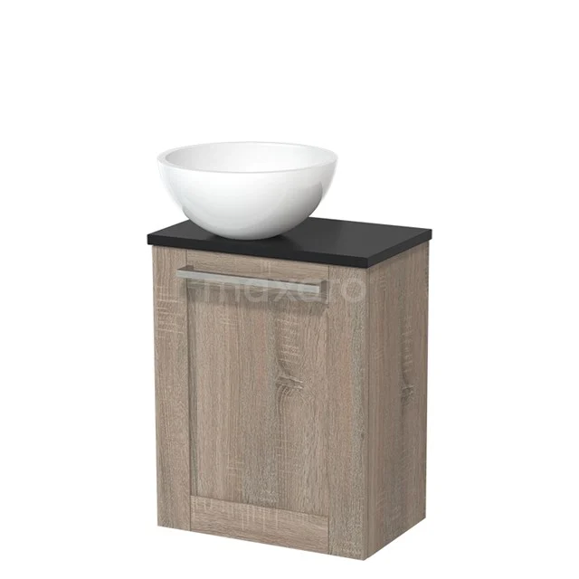 WC-Möbel mit Aufsatzwaschbecken | 41 cm Eiche Rahmenfront Hochglanz Weiß Mineralguss Aufsatzwaschbecken Matt Schwarz Platte TMK10-04758 Holz Badschrank mit Schwarz Platte und weißem Aufsatzwaschbecken, modernes Erscheinungsbild, ideal für kompakte Bäder.