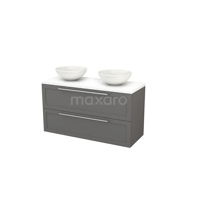 Grey double vanity unit with white ceramic bowls and sleek drawers, ideal for modern bathroom design.