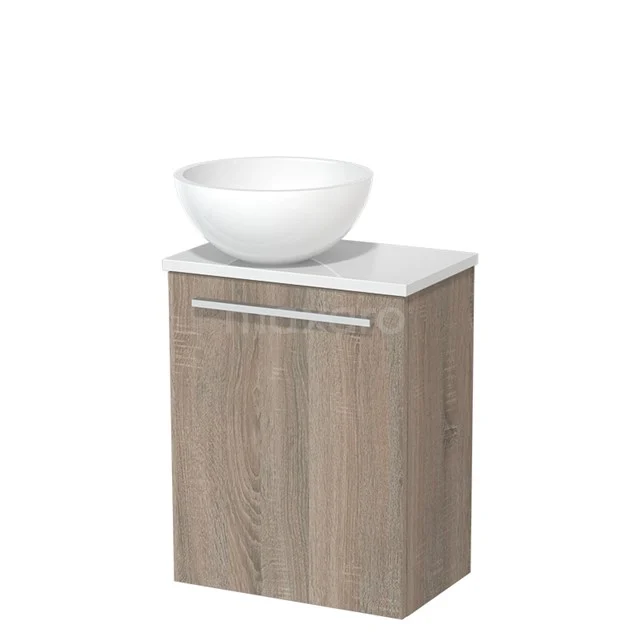 Wooden bathroom cabinet with white countertop wash basin, modern design, compact size, ideal for small bathrooms.