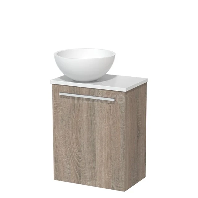 WC-Möbel mit Aufsatzwaschbecken | 41 cm Eiche Glatte Front Matt Weiß Solid Surface Aufsatzwaschbecken Hochglanz Weiß Platte TMK10-06233 Badezimmermöbel Holzoptik mit weißem Aufsatzwaschbecken, kompakter Schrank mit chromfarbenem Griff, ideal für ein modernes Badezimmer.