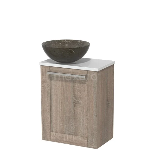 WC-Möbel mit Aufsatzwaschbecken | 41 cm Eiche Rahmenfront Blaustein Naturstein Aufsatzwaschbecken Hochglanz Weiß TMK10-06236 Holz Badschrank mit weißer Waschtischplatte und runder Natursteine Aufsatzwaschbecken, ideal für stilvolle Badezimmerraumgestaltung.