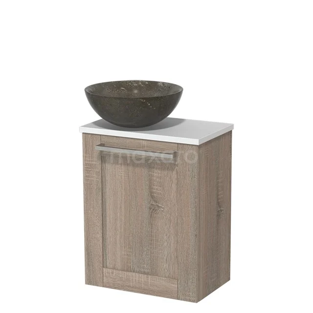 WC-Möbel mit Aufsatzwaschbecken | 41 cm Eiche Rahmenfront Blaustein Naturstein Aufsatzwaschbecken Matt Weiß Platte TMK10-06246 Hölzernes Badmöbel mit Waschbecken aus schwarzem Naturstein, kompakte Form mit weißer Oberplatte, ideal für moderne Bäder.