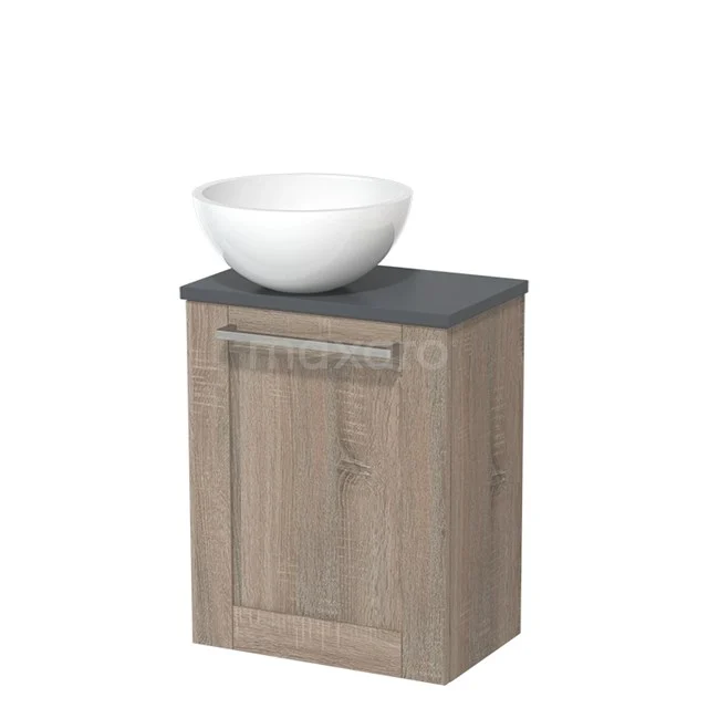 WC-Möbel mit Aufsatzwaschbecken | 41 cm Eiche Rahmenfront Hochglanz Weiß Mineralguss Aufsatzwaschbecken Dunkelgrau Platte TMK10-06257 Kompakter Holz-Badschrank mit anthrazitfarbener Platte und weißem Aufsatzwaschbecken, ideal für kleine Badezimmer oder moderne Badezimmergestaltung.