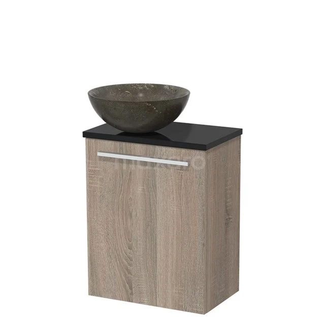 Toiletmeubel met waskom | 41 cm Eiken Vlak front Blue stone Natuursteen waskom Hoogglans zwart blad TMK10-06261