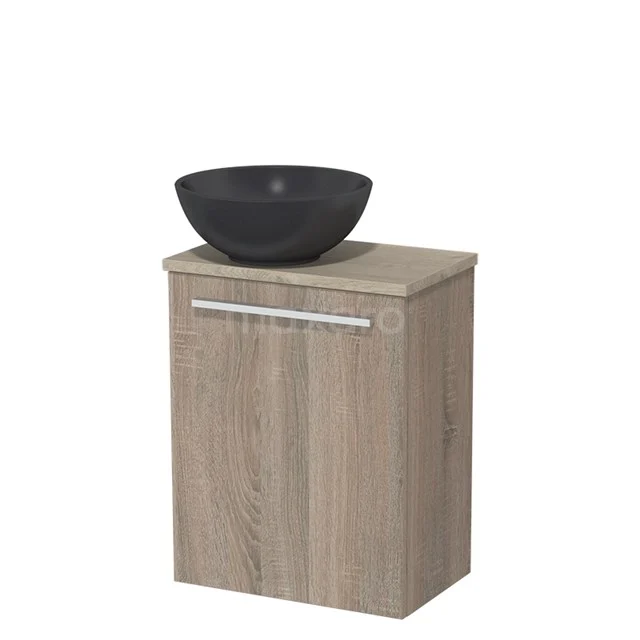 WC-Möbel mit Aufsatzwaschbecken | 41 cm Eiche Glatte Front Matt Schwarz Quarz Aufsatzwaschbecken Hellgraue Eiche Platte TMK10-06274 Holz Badmöbel mit Waschbecken in Schwarz Keramik, kompaktes Design ideal für ein stilvolles und modernes Badezimmer.