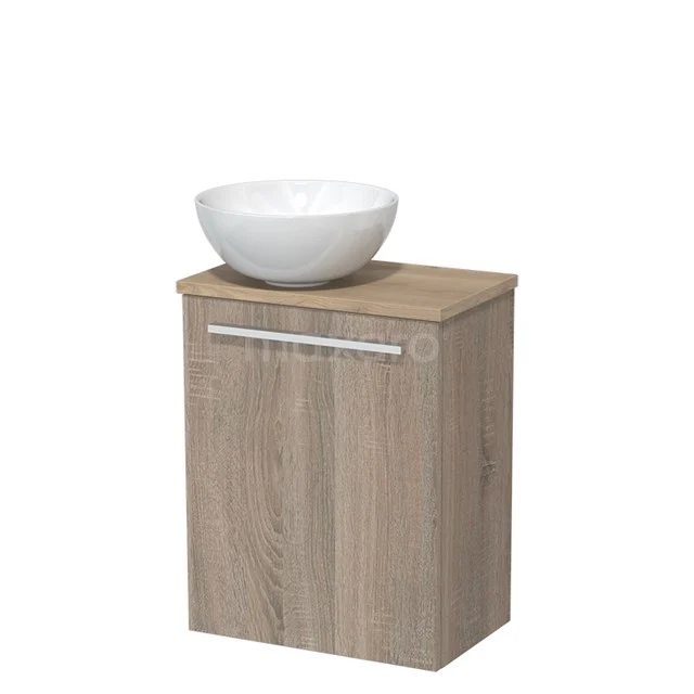 Toiletmeubel met waskom | 41 cm Eiken Vlak front Hoogglans wit Keramiek waskom Lichtbruin eiken blad TMK10-02855