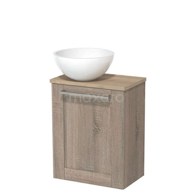 WC-Möbel mit Aufsatzwaschbecken | 41 cm Eiche Rahmenfront Hochglanz Weiß Mineralguss Aufsatzwaschbecken Hellbraune Eiche Platte TMK10-02862 Hölzerner Badschrank mit Dekorgriff, einschließlich weißem keramischen Waschbecken; kompakt und ideal für kleine Bäder.