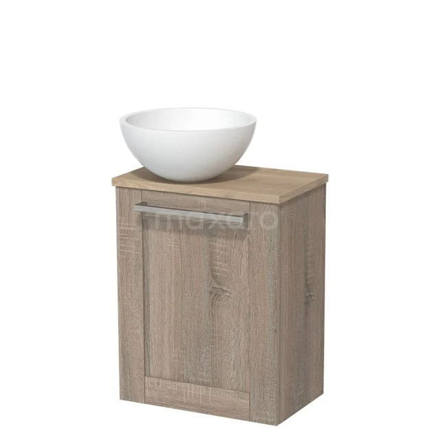 Holz-Badschrank mit Regal und weißem Aufsatzwaschbecken, kompaktes Design, ideal für moderne Badezimmerlagerung.