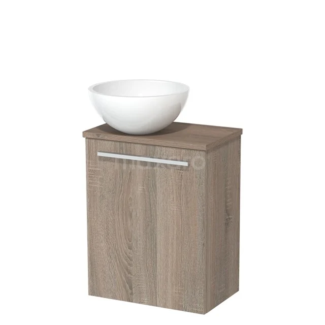 Toilet unit with wash basin | 41 cm Flat front Flat front High-gloss white Mineral marble countertop wash basin Mid brown oak worktop TMK10-04569