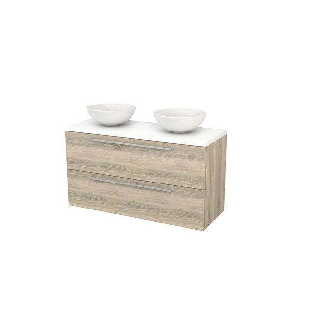 Modulo+ Plato Badmöbel mit Aufsatzwaschbecken | 120 cm Matt Weiß Flach front Matt Weiß blatt 2 übereinanderliegende Schubladen BMK002062 Holz Badmöbel mit doppeltem Aufsatzwaschbecken, Eichelook, schlankes Design und weißer Oberseite, perfekt für einen modernen Badezimmer Stil.