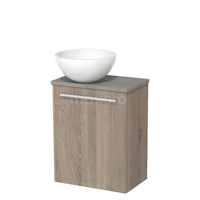 WC-Möbel mit Aufsatzwaschbecken | 41 cm Eiche glatte Front Hochglanz Weiß Mineralguss Aufsatzwaschbecken Graue Eiche Platte TMK10-01915 Hölzerner Badschrank mit grauer Platte, einschließlich weißem rundes Waschbecken; kompaktes und modernes Design.