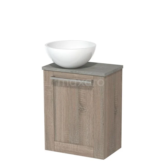 WC-Möbel mit Aufsatzwaschbecken | 41 cm Eiche Rahmenfront Hochglanz Weiß Mineralguss Aufsatzwaschbecken Graue Eiche Platte TMK10-01920 Holz-Badschrank mit grauer Oberseite und weißem, schalenförmigem Waschbecken, ideal für moderne Bäder.