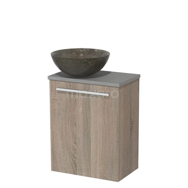 WC-Möbel mit Aufsatzwaschbecken | 41 cm Eiche glatte Front Blaustein Naturstein-Aufsatzwaschbecken hellgrauer Beton TMK10-06301 Holz-Badschrank mit grauem Waschbecken aus Naturstein, moderne Serie, kompaktes Design für kleine Bäder.
