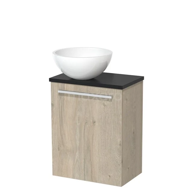 Toiletmeubel met waskom | 41 cm Lichtgrijs eiken Vlak front Hoogglans wit Mineraalmarmer waskom Mat zwart blad TMK10-04763