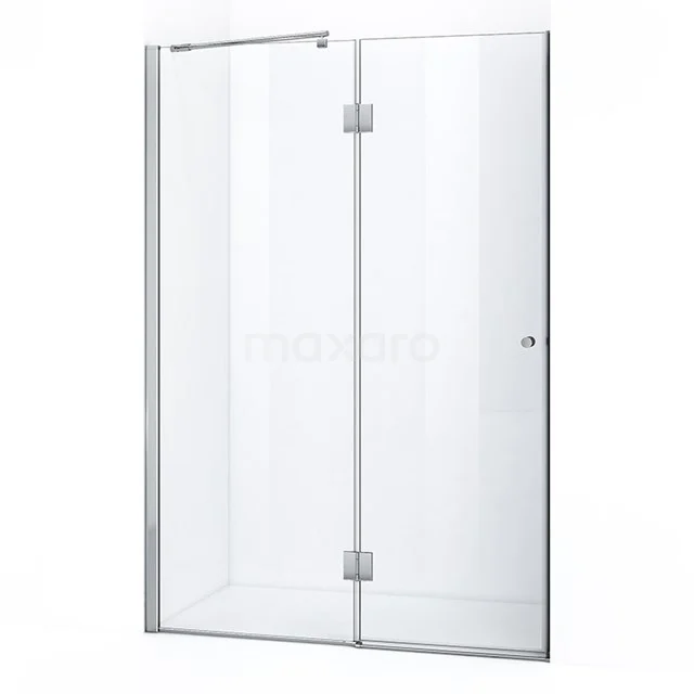 Glass shower screen with hinged door, clear safety glass, silver frame, ideal for modern bathroom design.