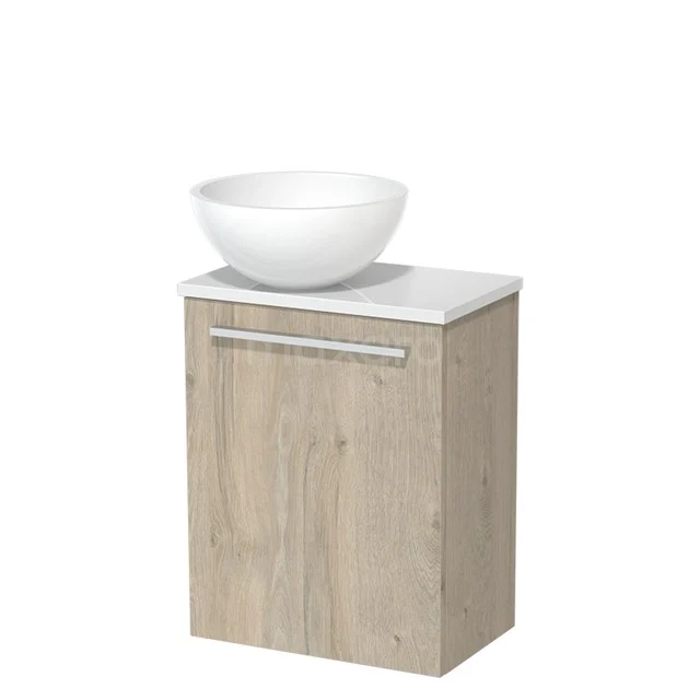 WC-Möbel mit Aufsatzwaschbecken | 41 cm Hellgraue Eiche Glatte Front Hochglanz Weiß Mineralguss Aufsatzwaschbecken Hochglanz Weiß Platte TMK10-06332 Holz Badschrank mit weißem keramischen Aufsatzwaschbecken, modernes Design, ausgestattet mit metallischem Haltegriff, ideal für Badezimmerlagerung.