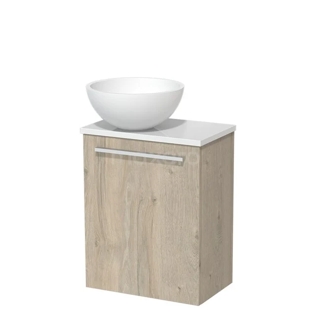 Toiletmeubel met waskom | 41 cm Lichtgrijs eiken Vlak front Mat wit Solid surface waskom Hoogglans wit blad TMK10-06333