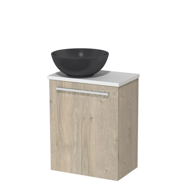 Toilet unit with countertop wash basin | 41 cm Light grey oak Flat front Matte black Quartz wash basin High-gloss white worktop TMK10-06334