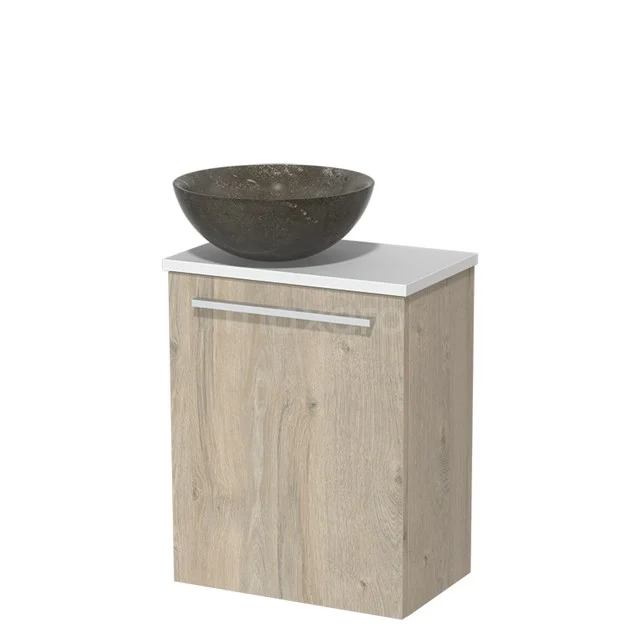 Wooden bathroom unit with basin, modern storage cabinet, natural stone wash basin, compact design for small bathrooms.