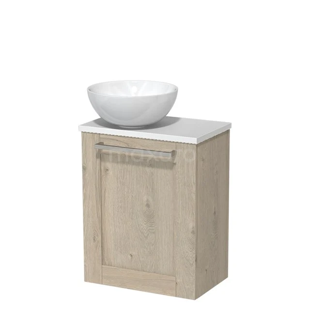 Wooden bathroom unit with a white bowl-shaped basin, modern design, ideal for stylish bathroom design.