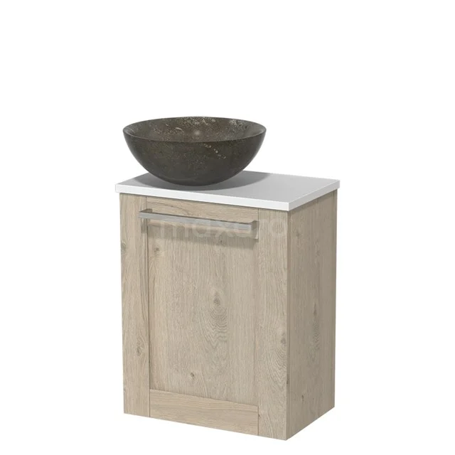 Toiletmeubel met waskom | 41 cm Lichtgrijs eiken Kader front Blue stone Natuursteen waskom Mat wit blad TMK10-06346