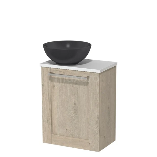 Toiletmeubel met waskom | 41 cm Lichtgrijs eiken Kader front Mat zwart Quartz waskom Mat wit blad TMK10-01982