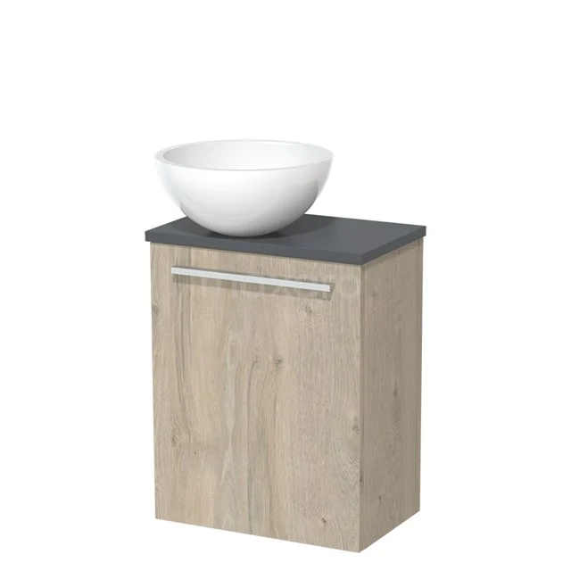 Toiletmeubel met waskom | 41 cm Lichtgrijs eiken Vlak front Hoogglans wit Mineraalmarmer waskom Donkergrijs blad TMK10-06352