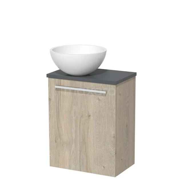 Wooden Bathroom cabinet with black top and ceramic bowl, ideal for stylish sink solutions in modern bathrooms.