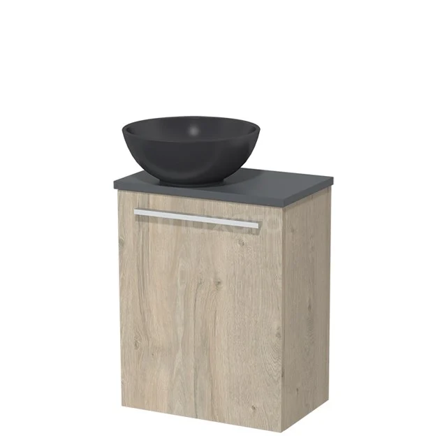 Toiletmeubel met waskom | 41 cm Lichtgrijs eiken Vlak front Mat zwart Quartz waskom Donkergrijs blad TMK10-06354