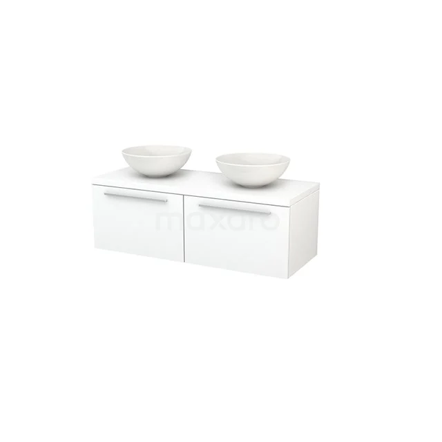 Modulo+ Plato Vanity units for countertop basin | 120 cm Matte white Flat front Matte white worktop 2 Side-by-side drawers BMK002104 White vanity units for countertop wash basins, sleek design and high-gloss finish, ideal for modern bathroom design.