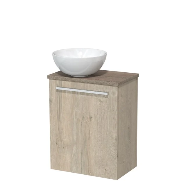 Toilet unit with wash basin | 41 cm Light grey oak Flat front High-gloss white Ceramic countertop wash basin Oak worktop TMK10-02003 Wooden bathroom unit with light Oak finish, including white ceramic countertop wash basin and silver handle.