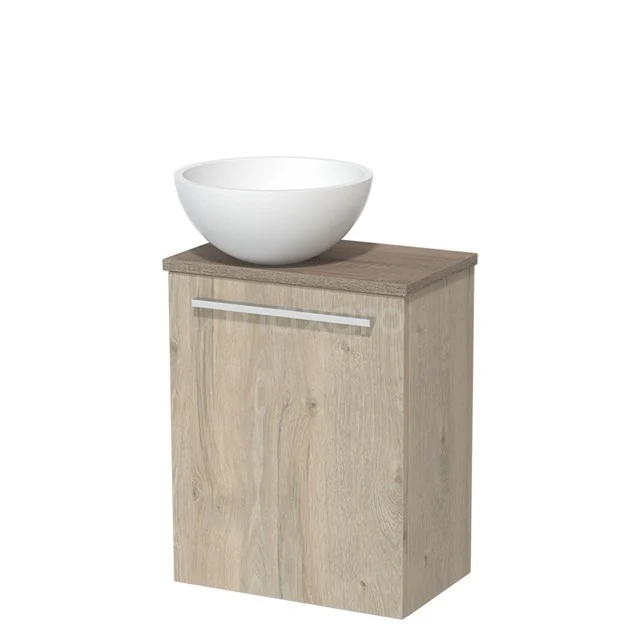 Toiletmeubel met waskom | 41 cm Lichtgrijs eiken Vlak front Mat wit Solid surface waskom Eiken blad TMK10-06373