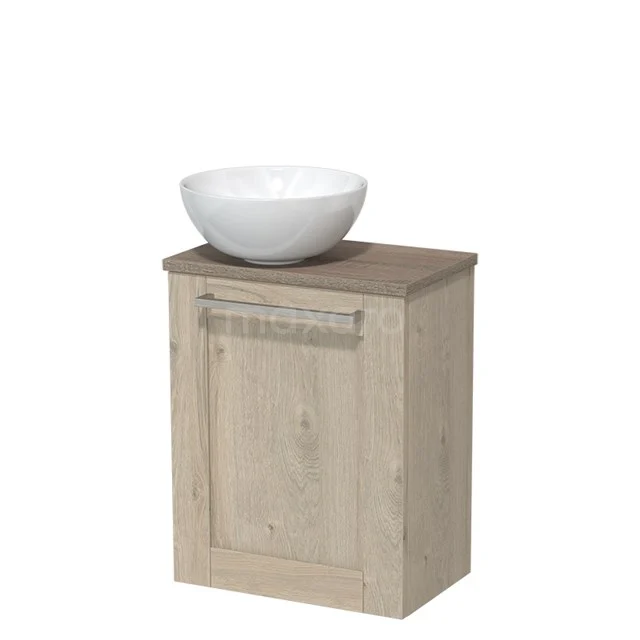 Toilet unit with countertop wash basin | 41 cm Light grey oak Front High-gloss white Ceramic countertop wash basin Ceramic worktop Oak worktop TMK10-06375