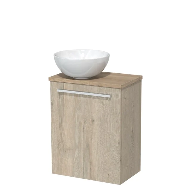 WC-Möbel mit Aufsatzwaschbecken | 41 cm Hellgraue Eiche Glatte Front Hochglanz Weiß Keramik-Aufsatzwaschbecken Hellbraune Eiche Platte TMK10-02865 Holz Badezimmermöbel mit keramischem Aufsatzwaschbecken, kompaktes Design, Eichelook, ideal für kleine Bäder.