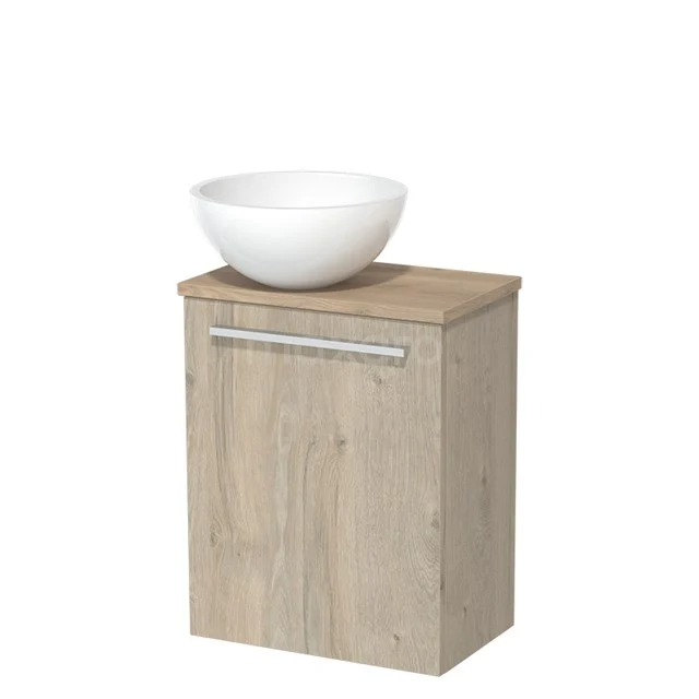 Toilet unit with countertop wash basin | 41 cm Flat front Flat front High-gloss white Mineral marble basin Light brown oak worktop TMK10-02867
