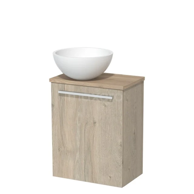 Toilet unit with countertop wash basin | 41 cm Light grey oak Flat front Matte white Solidtop wash basin Light brown oak worktop TMK10-02868