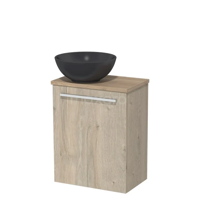 Toilet unit with countertop wash basin | 41 cm Light grey oak Flat front Matte black Quartz wash basin Light brown oak worktop TMK10-02869