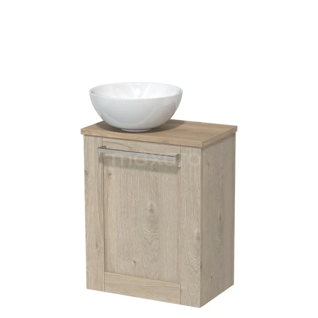 Toilet unit with countertop wash basin | 41 cm Light grey oak Frame Front High-gloss white Ceramic countertop wash basin Light brown oak worktop TMK10-02870