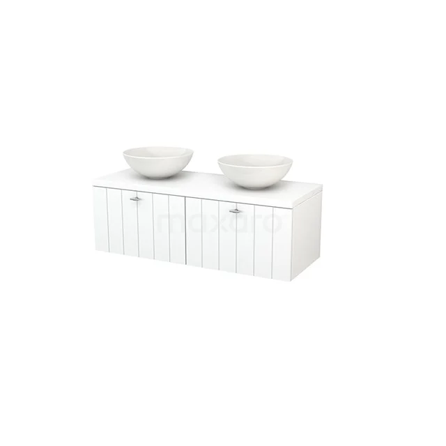 White wooden bathroom unit with two ceramic countertop wash basins and fluted doors for a stylish and functional bathroom.