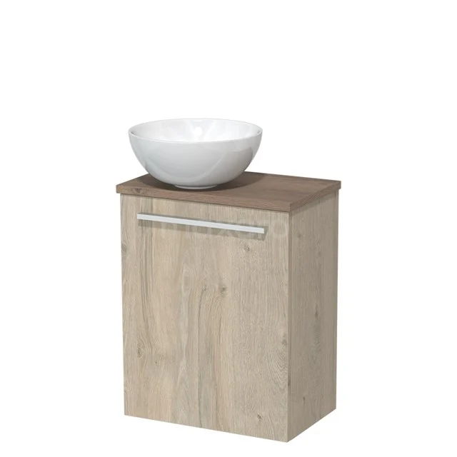 WC-Möbel mit Aufsatzwaschbecken | 41 cm Hellgraue Eiche Glatte Front Hochglanz Weiß Keramik Aufsatzwaschbecken Mittelbraune Eiche Platte TMK10-04577 Holz Badschrank mit Waschbecken, Eichenlook, kompaktes Design, ideal für moderne Badezimmer mit begrenztem Platz.
