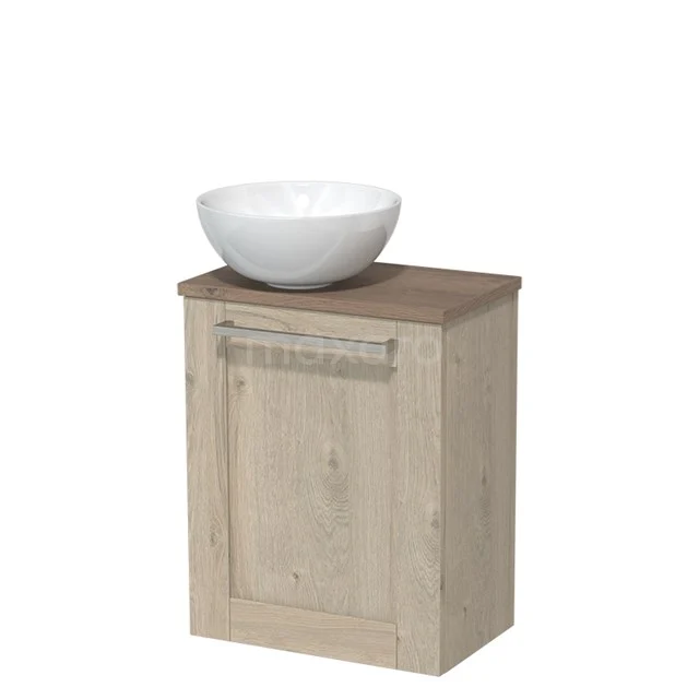 Toilet unit with wash basin | 41 cm Light grey oak Frame front High-gloss white Ceramic countertop wash basin Mid brown oak worktop TMK10-04582
