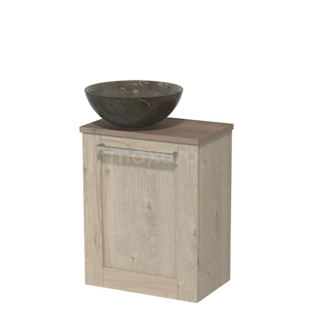 Toiletmeubel met waskom | 41 cm Lichtgrijs eiken Kader front Blue stone Natuursteen waskom Middenbruin eiken blad TMK10-04583